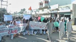Gawadar: Students, teacher and civil society members protesting against killing of Zahid Baloch.